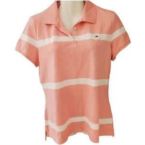 Tommy Hilfiger Women's Pink/White Polo Wide Stripes Shirt Sz L EUC